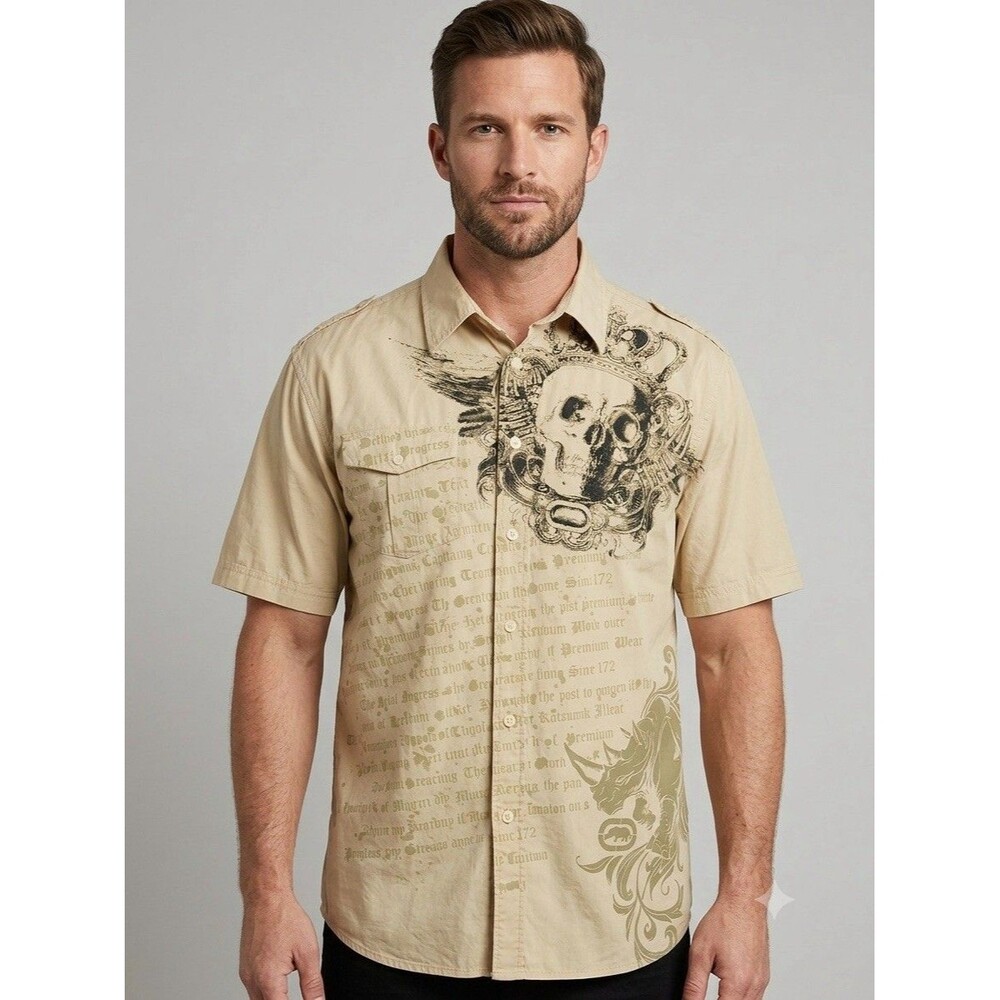 Ecko Unltd Skull Shirt 3XL Beige Graphic Button Up Rawthentic Military Patches